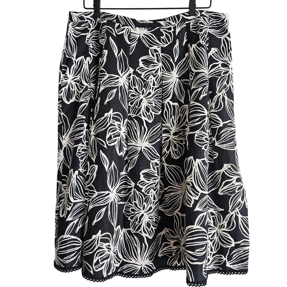 Style & Co Linen Skirt Size 16 Black White Floral Midi‎ Boho Coastal Resort